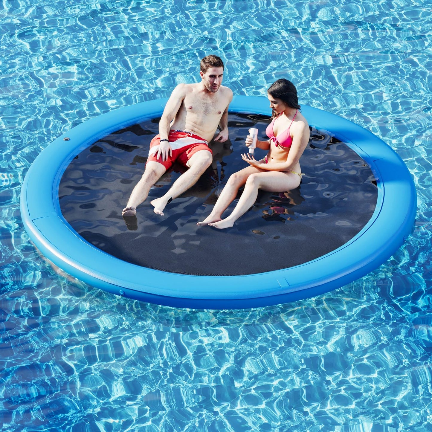 Danrelax 10' Round Inflatable Floating Dock, Sunchill Float Ring, Hammock Tanning Pool With 4In Woven Fabric, Manual Pump For 1-