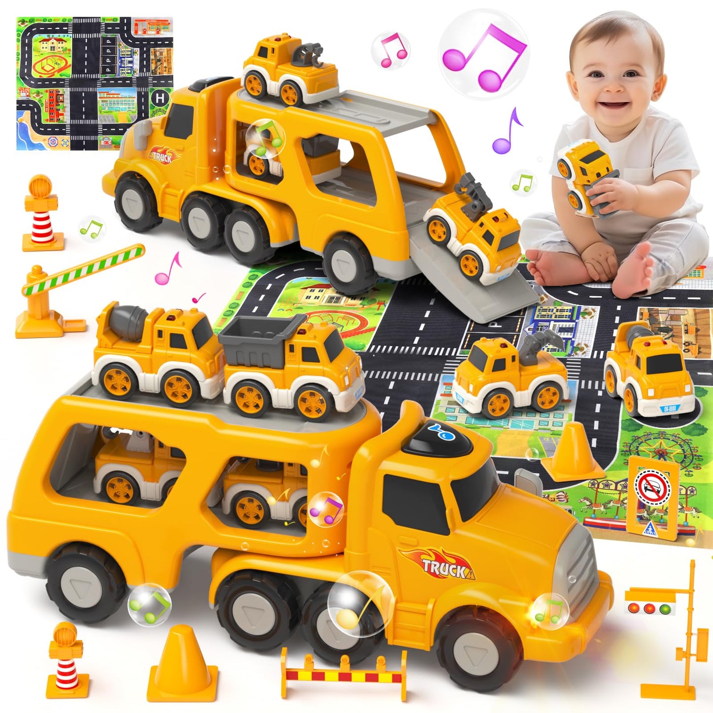 Newcrave Toddler Toys for 2 3 4 5 Year Old Boys, 8 in 1 Construction Trucks Vehicle Playset with Play Mat, Construction Truck To