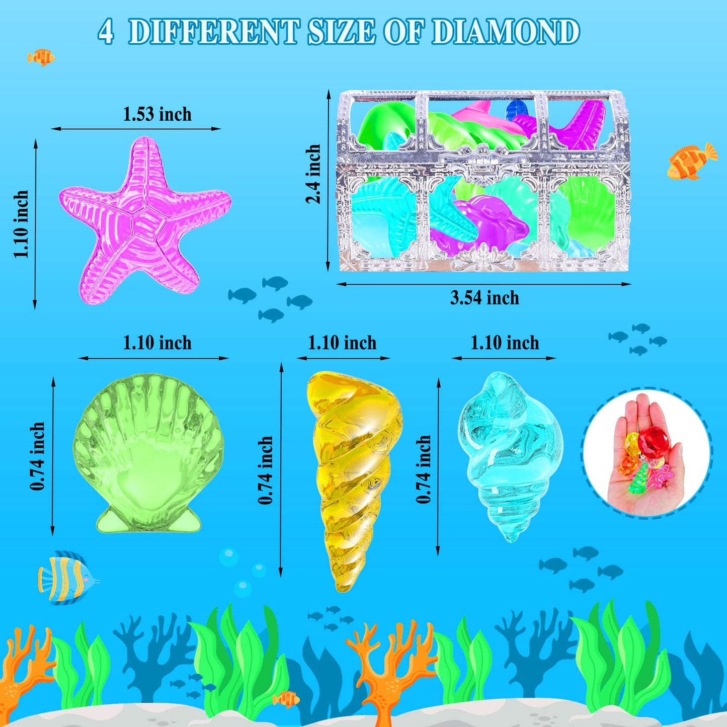 Mgparty 24Pcs Diving Gem Pool Toys Colorful Diamonds Set With Treasures Pirate Box Summer Toy Underwater Swimming Toys For Boys And Girls Pool Games Water Toys