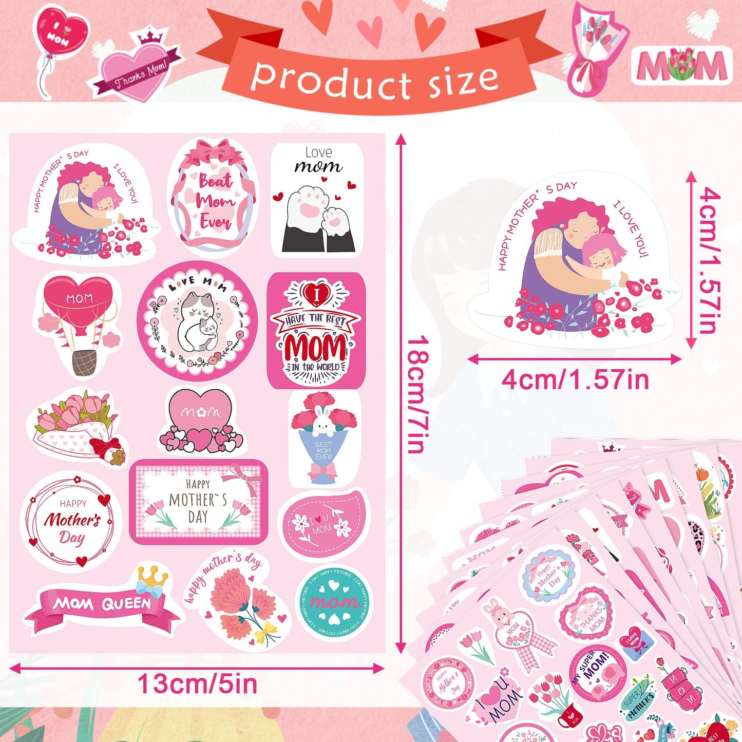 JULMELON 480PCS Happy Mothers Day Stickers, 30 Sheets Cute Mom Stickers Bulk Mothers Day Labels Stickers for Cards Envelopes DI