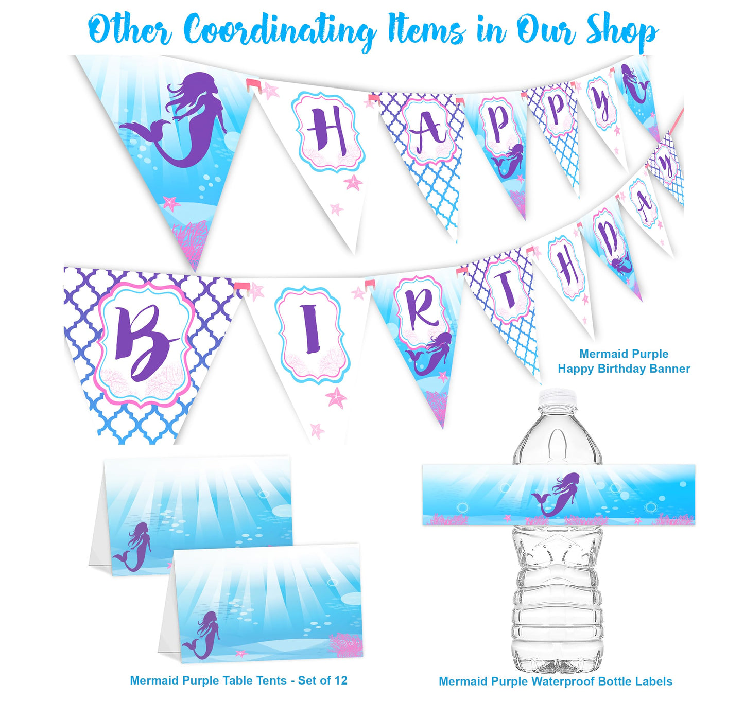 Mermaid Happy Birthday Banner Pennant - Under the Sea Banner - Purple