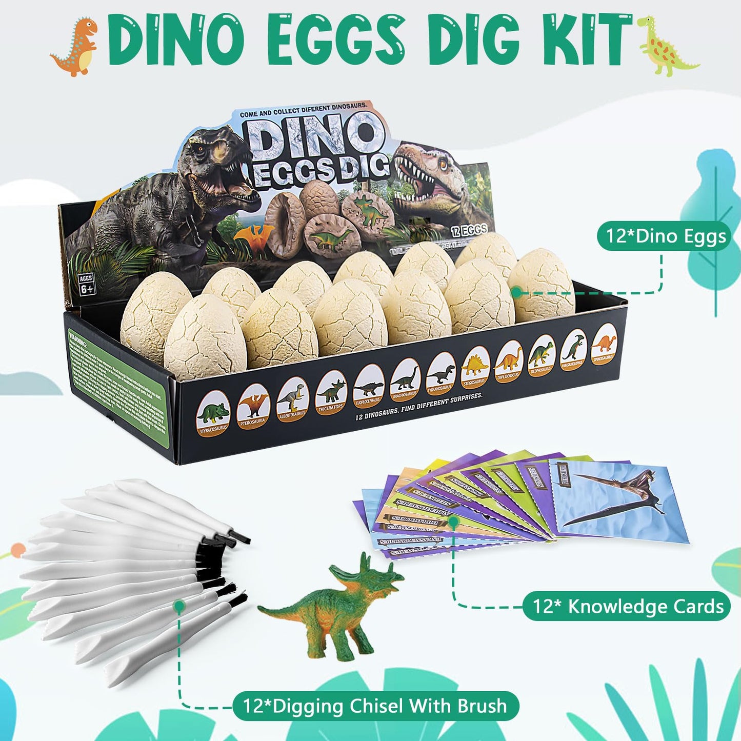 Dinosaur Eggs Excavation Dig Kit - 12 Unique Eggs Dinosaur Toy