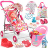 YIYBM Baby Doll Stroller Set for Girls 3-6, Includes 12.5" Doll, Dining Chair, 20 Accessories, Pink, Realistic Pretend Play