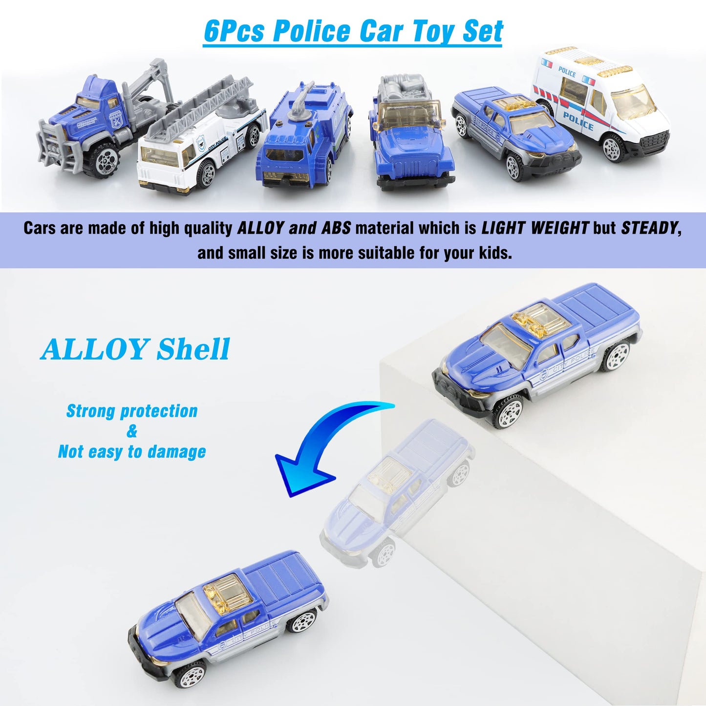 BenRich 6Pcs Mini Die Cast Metal Car Toys 1/64 Scale - Ladder Truck, Water Tower Truck, Ambulance, Transport Car, Patrol Vehicle