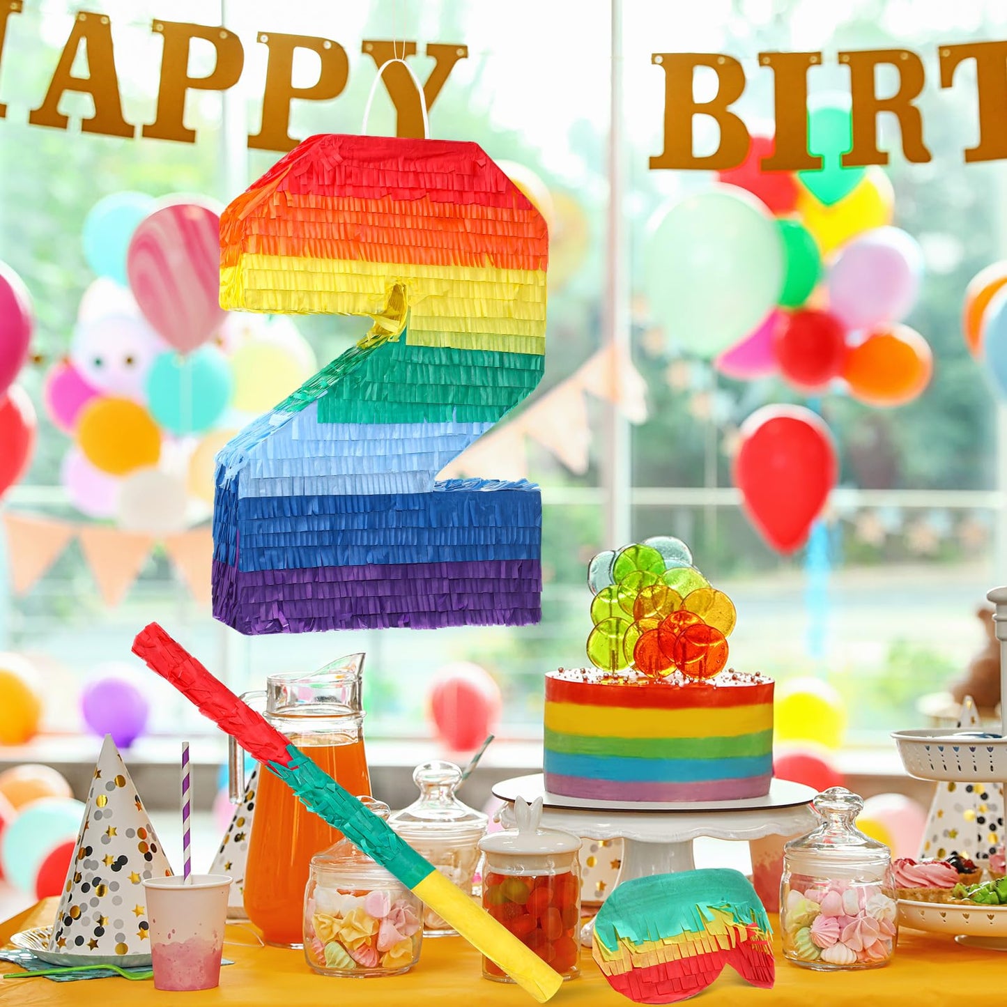 Sratte Rainbow Number Piata Multicolor Piata Small Kids Birthday Party with Blindfold Stick and Confetti for Birthday Anniversar