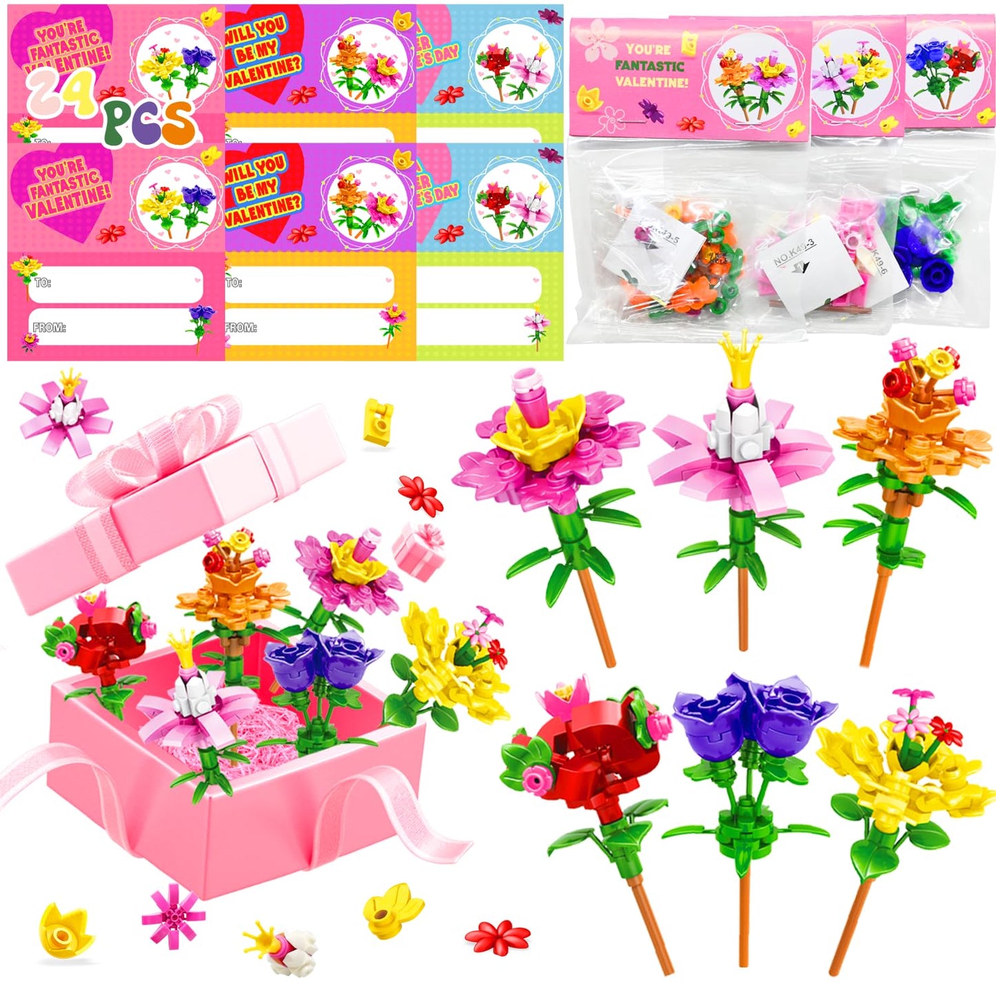 Umeelr 24 Pack Valentines Day Gifts For Kids, Flowers Bouquet Building Blocks With Valentines Day Cards, Valentine'S Classroom G
