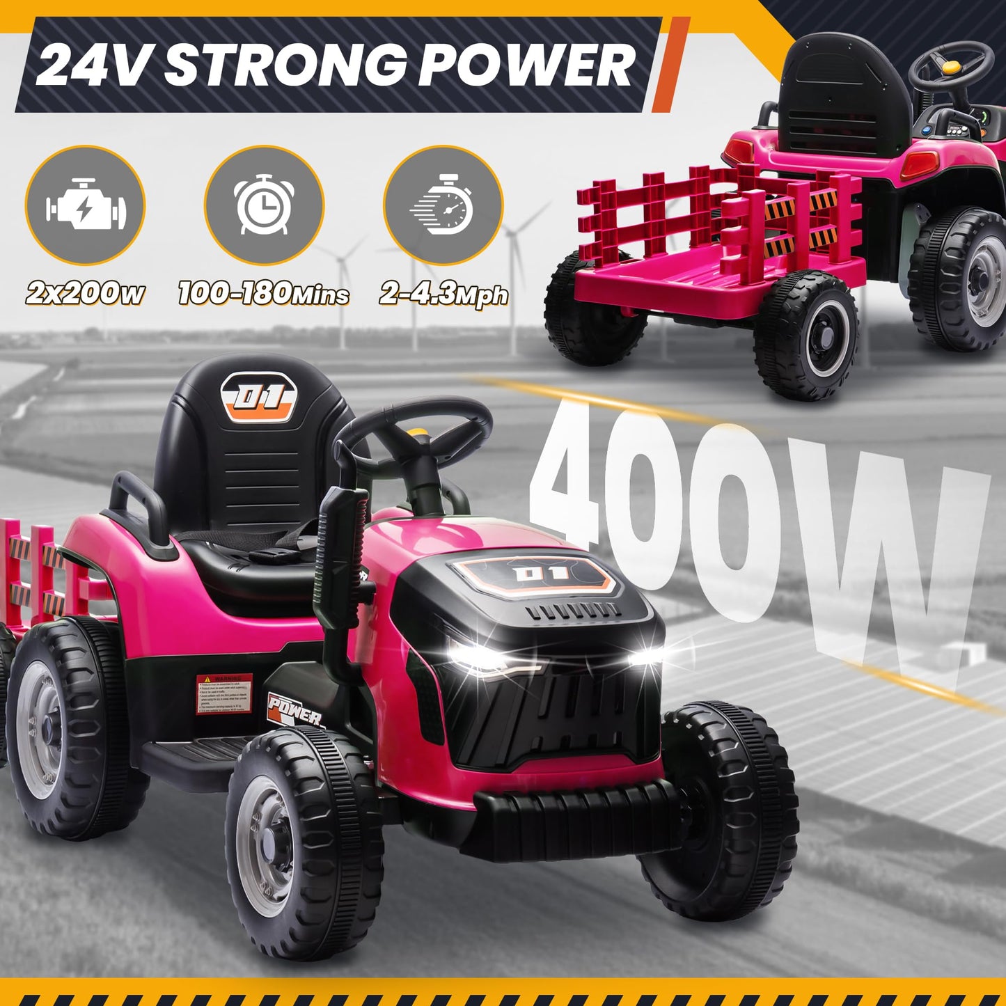 24V 7Ah Ride On Tractor W/Tiltable & Detachable Trailer, Moeyuro Kids Electric Vehicles Tractor W/400W Motors, Adjustable Seat,