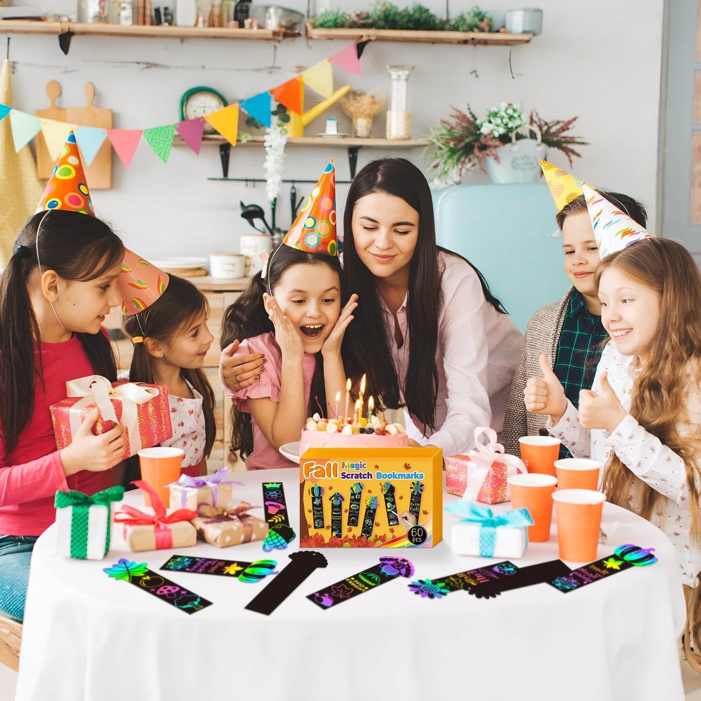 Beyumi 60Pcs Fall Harvest Scratch Bookmarks For Kids Diy Hello Fall Autumn Leaves Pumpkin Turkey Magic Art Rainbow Color Paper Craft Kit School Classroom Activity Art Project Thanksgiving Party Favors