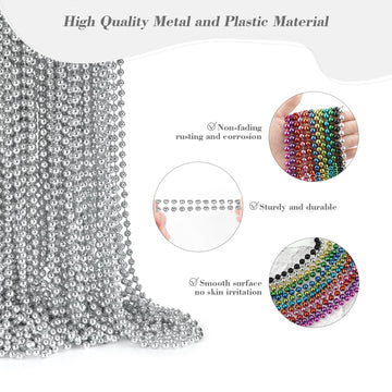 144 PCS Silver Bead Necklaces, Silver Mardi Gras Christmas Beads Necklaces, Patriotic Necklaces, 33 Inch Beaded Necklaces for Ma