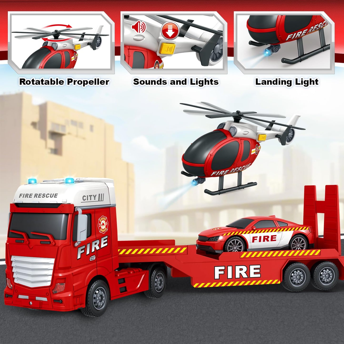 Bstoyder Toddler Boy Toys for 3 4 5 6 7 Years Old Kids, 25'' Semi Fire Truck Toy with Racing Car and Helicopter, Friction Powere