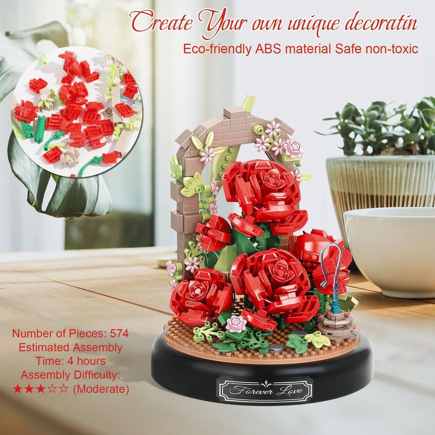 Plintone Blooming Red Roses Building Set For Adults, 574 Pcs Botanical Collection With Dust Cover, Romantic Rose Bouquet Bonsai