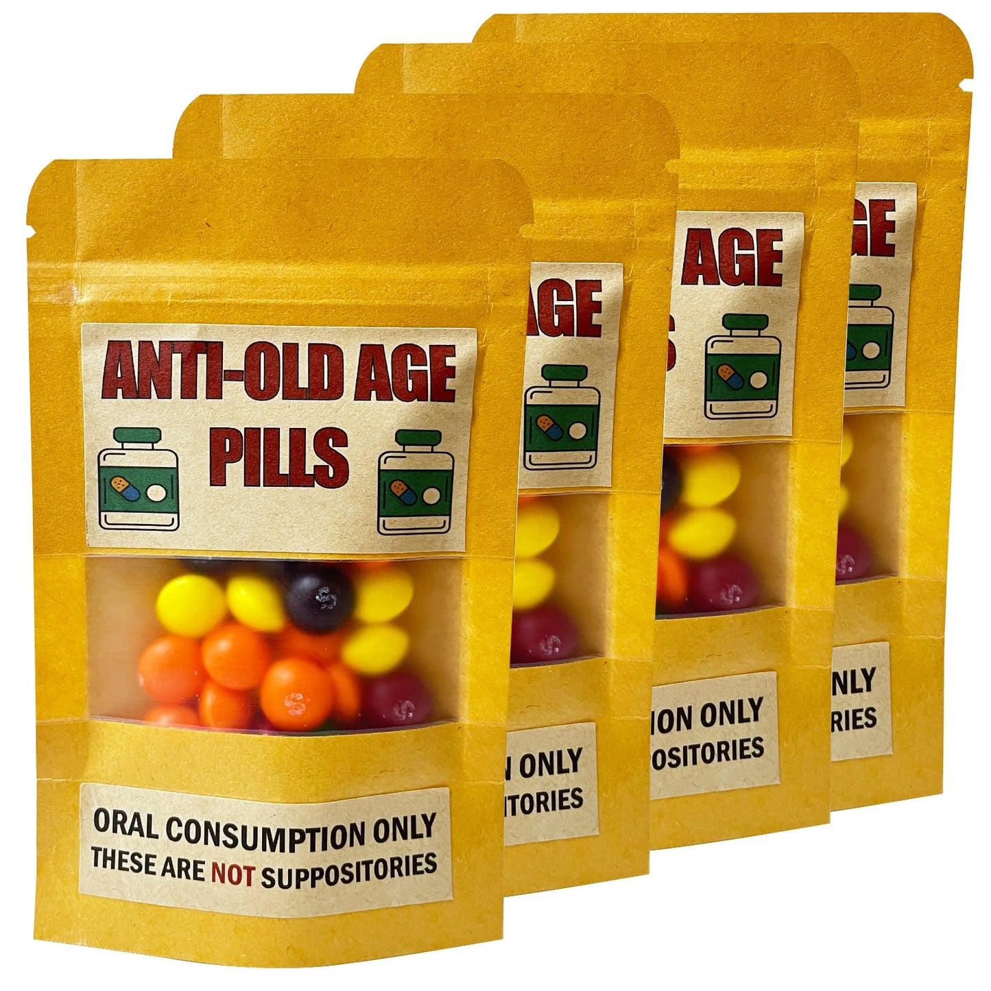 PHAWNGU 4 Pack Funny Anti-Old Age Pills (Empty Pouch) - Gag Gift for Seniors, Over The Hill Birthday, Retirement Party Favor, Jo