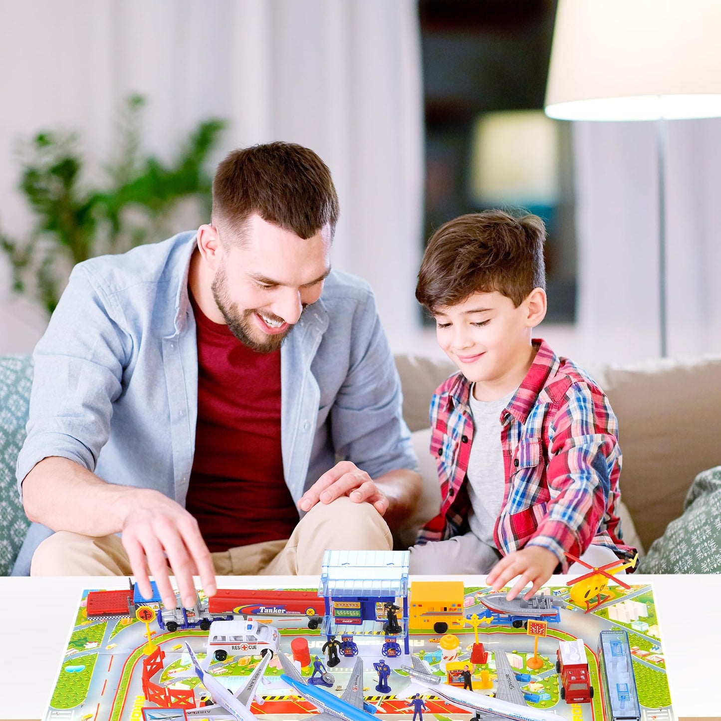 Powertrc Airport Play Set Airports Toy With Airplanes, Vehicles, Figures & Accessories, Play Mat Interactive Learning Toys For Toddlers