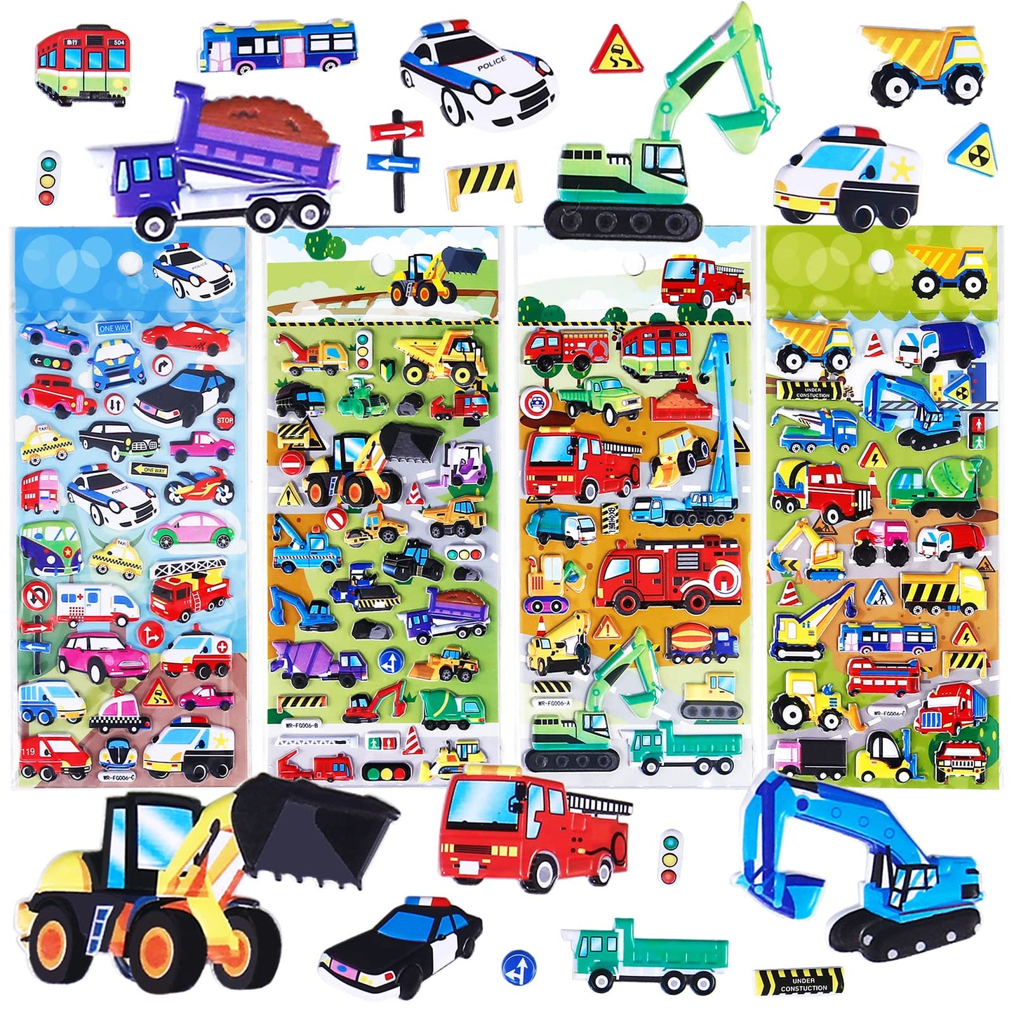 Shangrla Puffy Vehicle Sticker For Kids Toddlers - 3D Puff Car Stickers For Boys Reusable Foam Stickers With Construction Truck,Tractor,Fire Truck,Police Car,Bus,Transportation Stickers Bulk,4 Sheets.