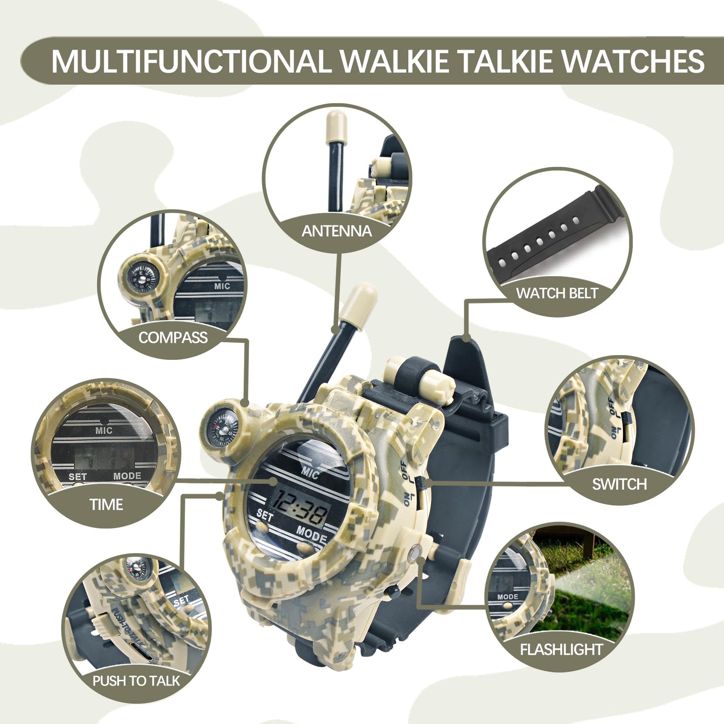 Cxjoigxi Walkie Talkies For Kids Rechargeable, Spy Watch Army Toys, 7 In 1 Walkie Talkie Watches With Flashlight, Two-Way Radios