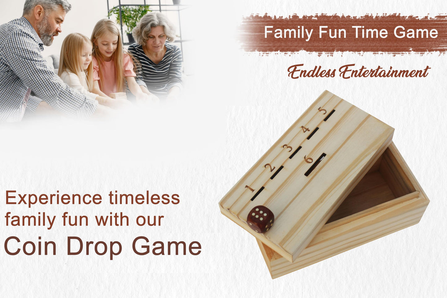 T one woods Coin Drop Game for Kids & Adults - Wooden Box & Dice, Light Pine Design-1