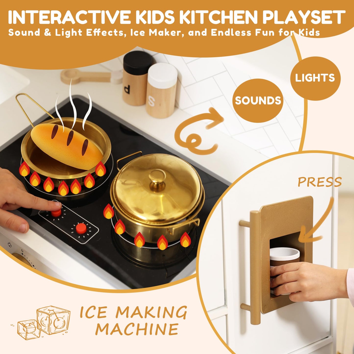 Interactive Wooden Play Kitchen Set For Kids Realistic Features With Extended Storage And 15 Kitchen Accessories, Ideal Pretend