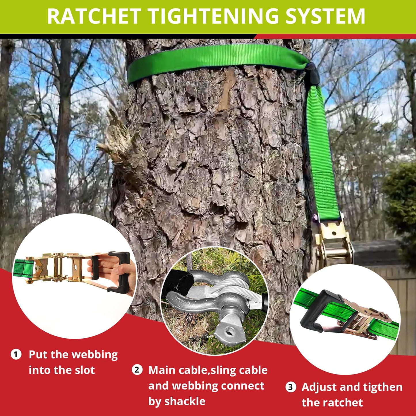 TRSMIMA Zipline Kit for Kids and mature-themed 200ft Zipline with Spring Brake Safety Harness Zip line Trolley Ratchet Tighten System Support 330 lbs