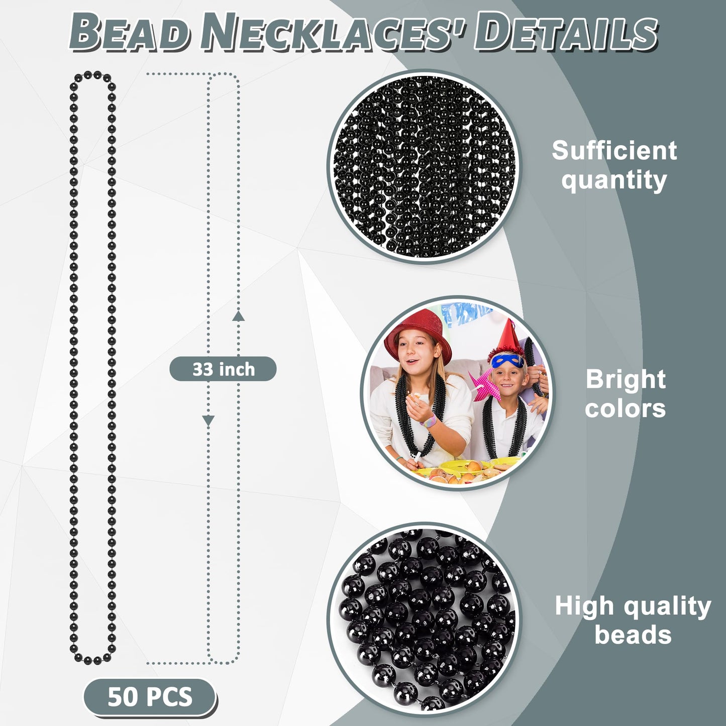 50Pcs Bead Necklace, Black Mardi Gras Bead Necklace Party Favors, 33'' Metallic Halloween Round Beaded Bulk, Festival Parade Thr