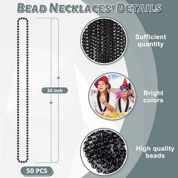 50Pcs Bead Necklace, Black Mardi Gras Bead Necklace Party Favors, 33'' Metallic Halloween Round Beaded Bulk, Festival Parade Thr
