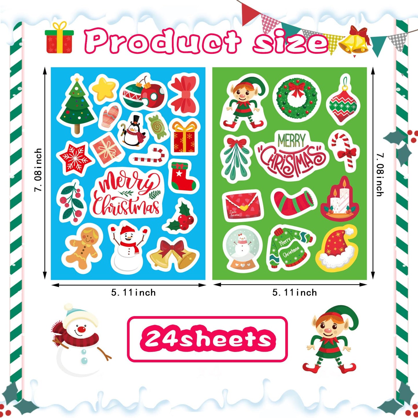 Christmas Stickers For Kids, Merry Christmas Theme Stickers Non-Repeating, Xmas Winter Holiday Party Stickers, Christmas Goodie