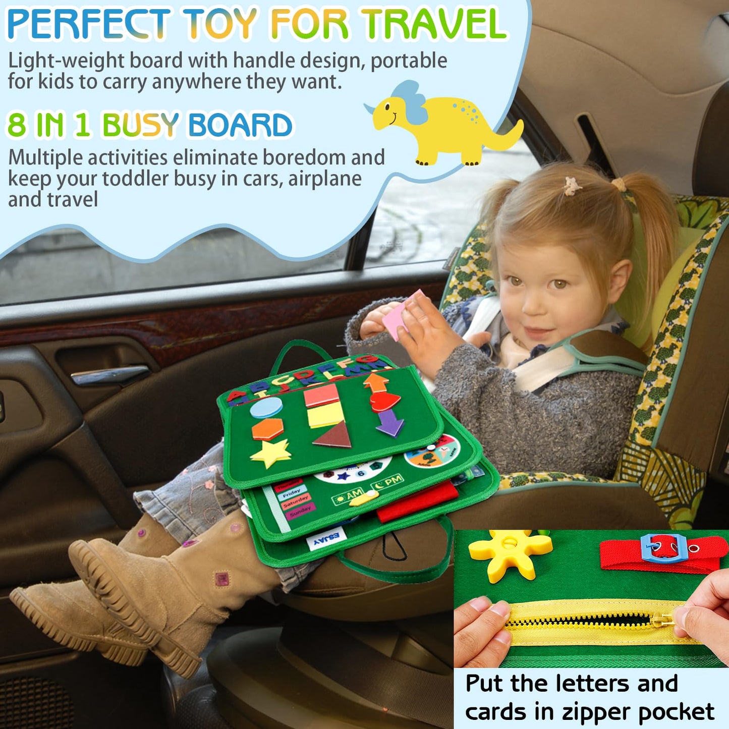 Esjay Toddler Busy Board Montessori Toys, Sensory Board Educational Activities For Learning Fine Motor Skills, Gifts For Girls Boys Toddlers, Travel Toys For Airplane Car,Green Dinosaur