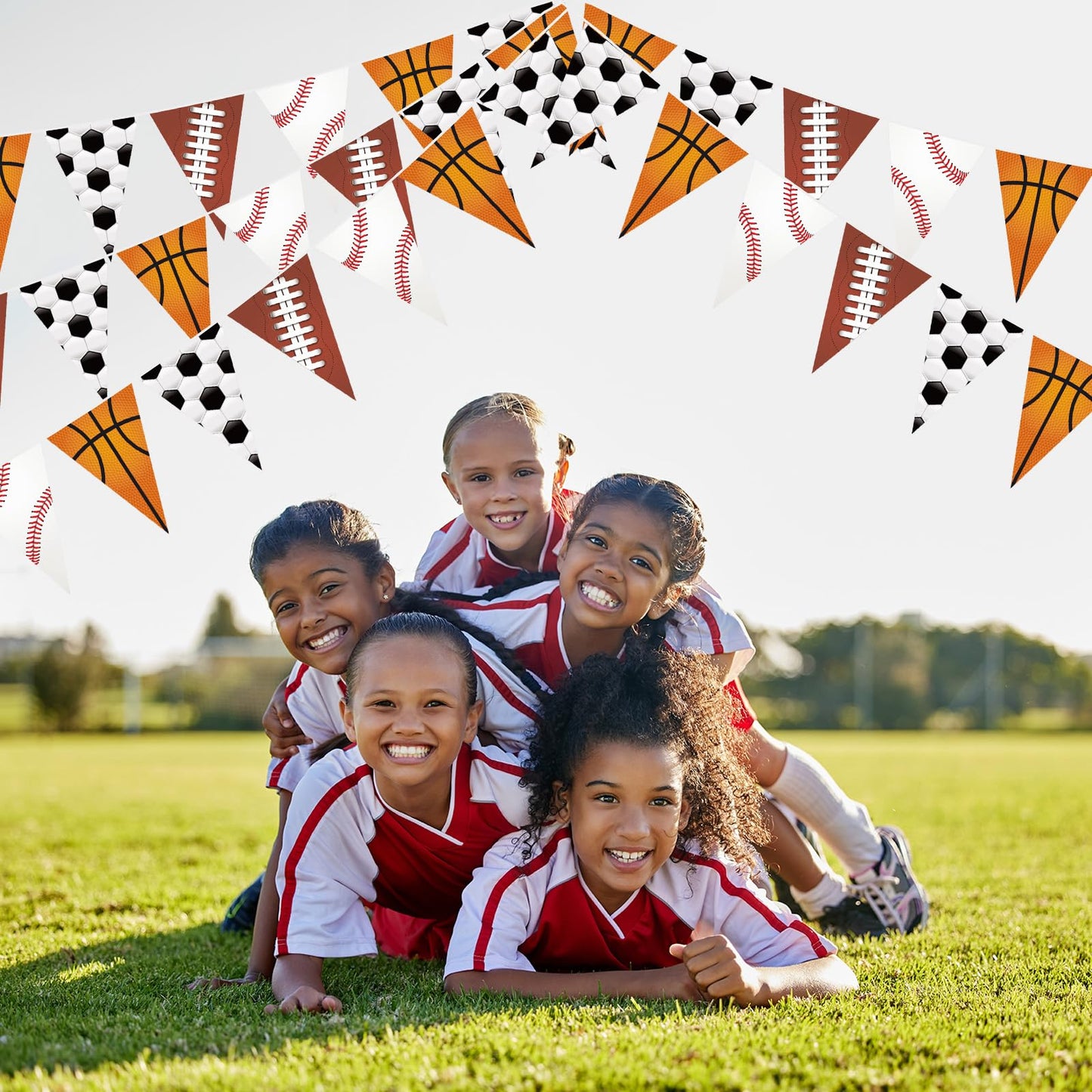 HESTYA 5 Pcs 49 Ft Sport Party Decorations Football Pennant Banner Pre-assembled Basketball Triangle Flag Bunting Garland for Ba
