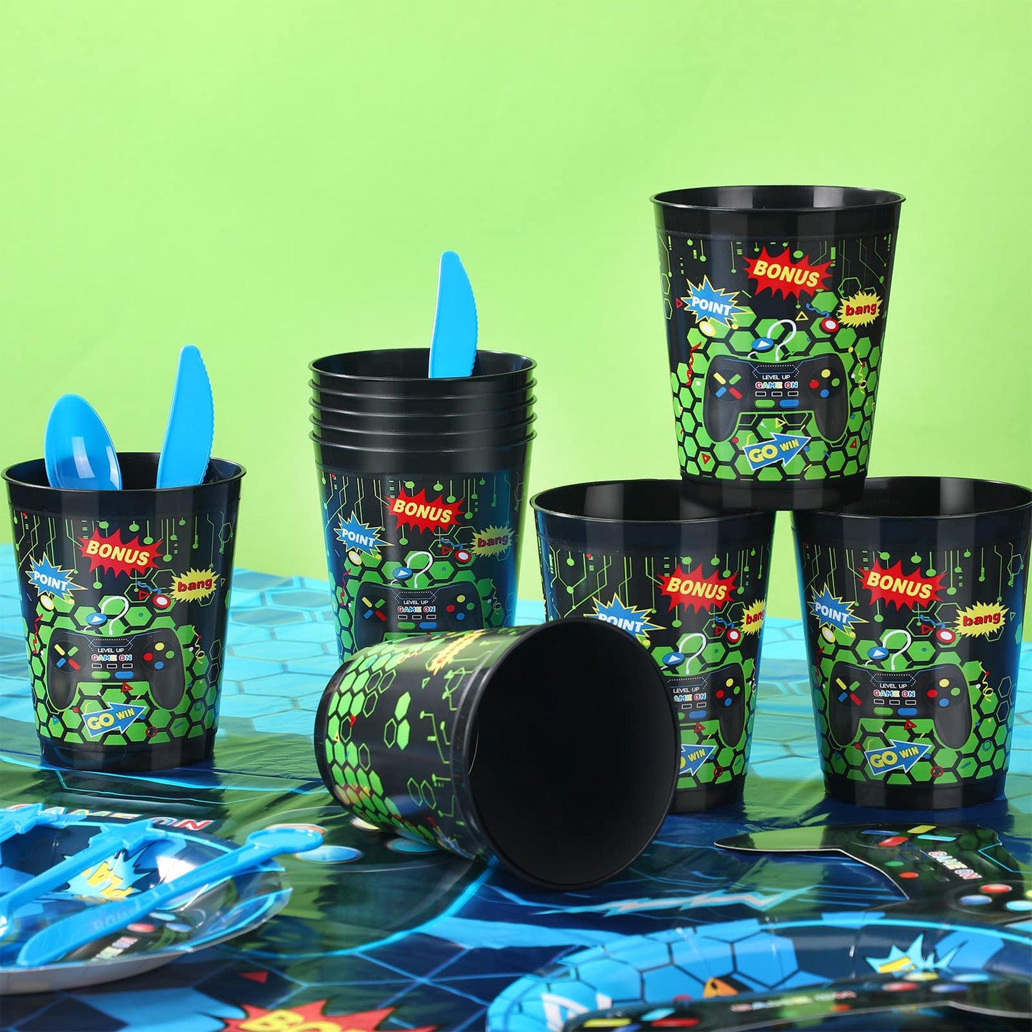 24 Pieces 16 Oz Video Game Theme Cups Gaming Party Favors Set Go Win Level Up Plastic Cups Gamer Frosted Cup For Popular Video Party Supplies Kids Gamer Birthday Decorations(Green)