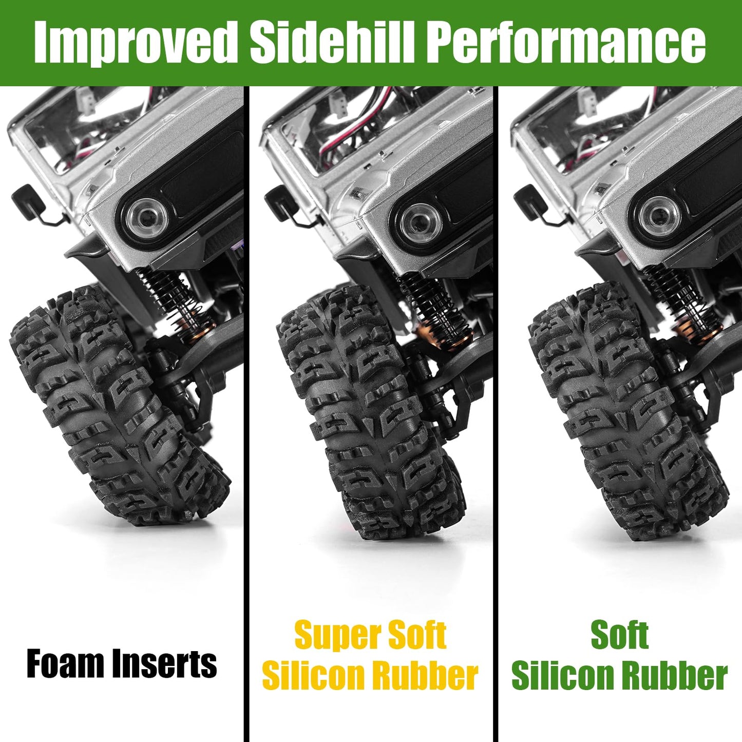 INJORA 1.3 Silicone Rubber Inserts and Cling On Tires for SCX24 TRX4M AX24 1/18 1/24 Micro Crawler Upgrade(Green)