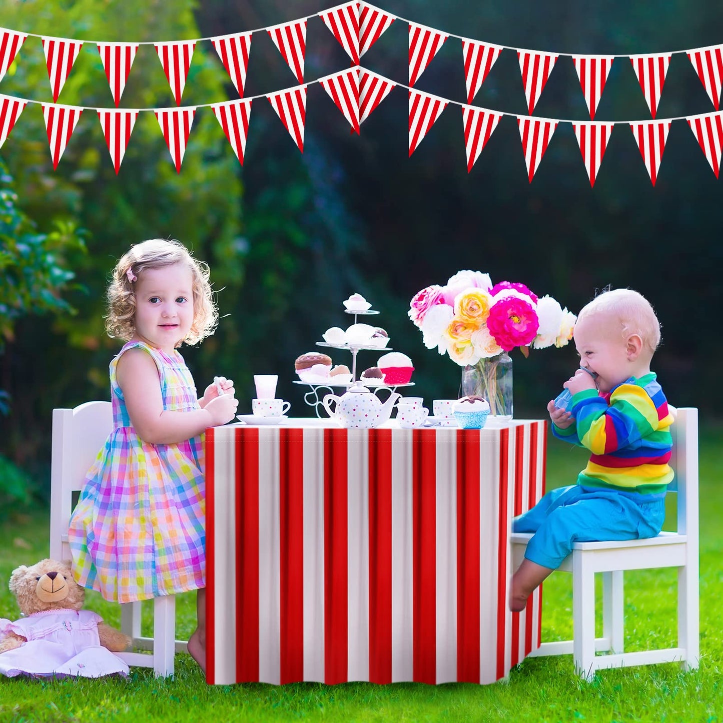 10 Pieces Carnival Theme Party Decors Carnival Table Skirts Carnival Circus Theme Tablecloths Red White Striped Pennant Banners