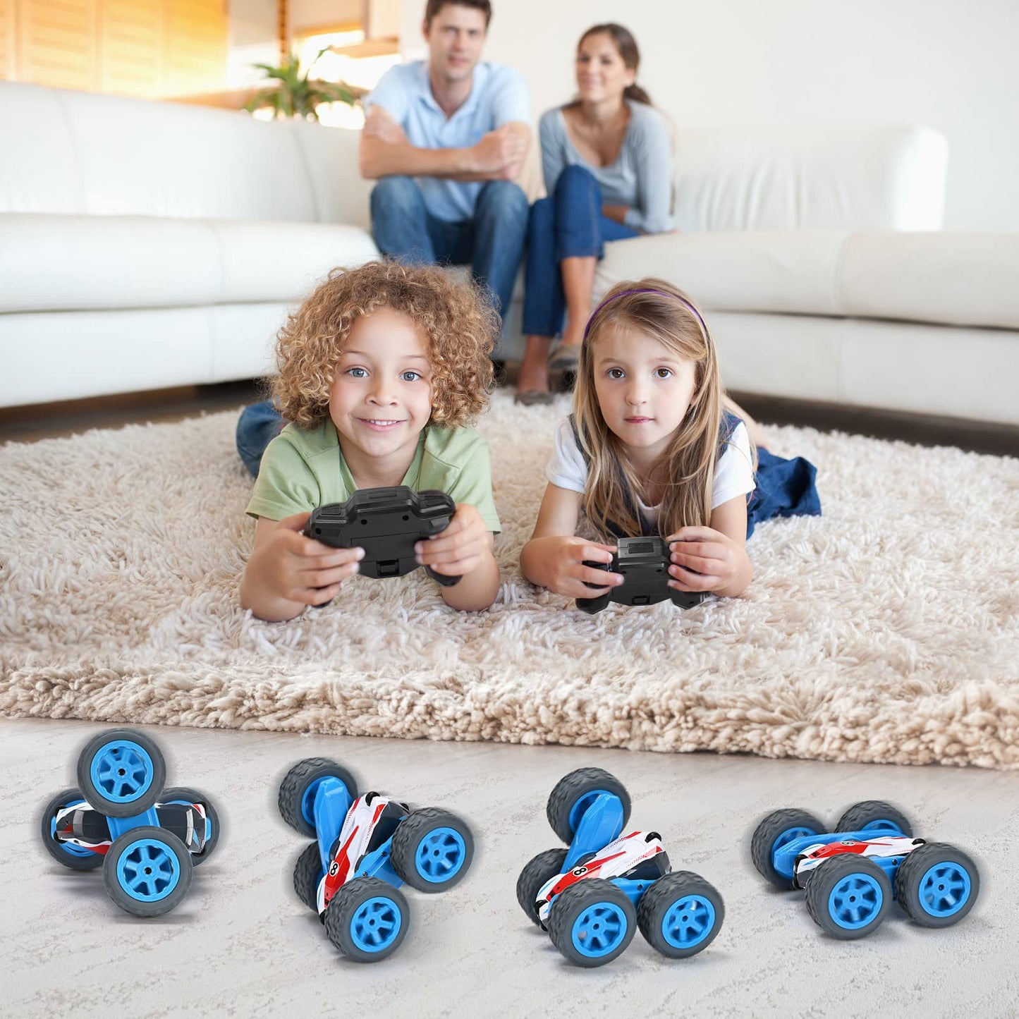 NUOKE Remote Control Car, 4WD RC Cars Stunt Double Sided 360 Rotating 2 Batteries 2.4Ghz RC Truck with Headlight Birthday Gift f