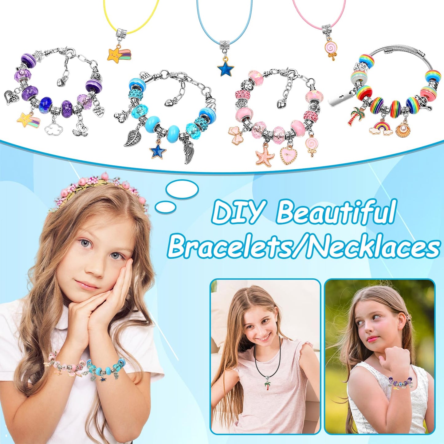 Charm Bracelet Making Kit for Girls, Kids Charm Bracelet Making Kit with Jewelry Gift Box for Girls Sister, Necklace Arts Crafts