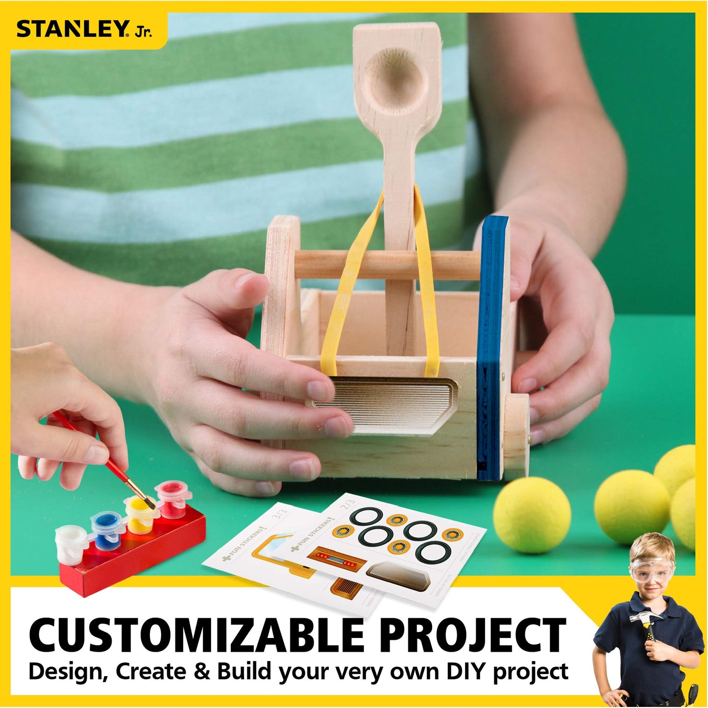 Stanley Jr. Red Toolbox Diy Truck Catapult Building Kit For Kids Jk005-Sy: Children’S Yellow Wood Construction Toy Beginning Woodworking Set With Paints Ages 5-12
