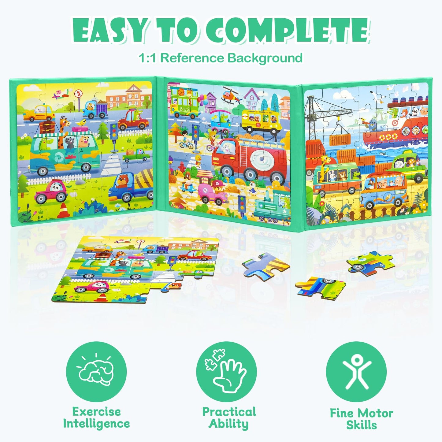 Magnetic Puzzles For Kids Ages 3-5, 3 In 1 Traffic Vehicles Toddlers Magnet Jigsaw Puzzle Book, Kids Travel Road Trip Puzzle Toys For Boys And Girls Ages 4-8 (Traffic)