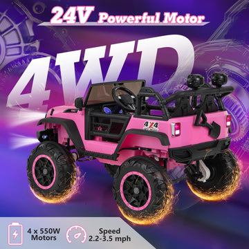 Olakids 24V Ride On Car - 2 Seater Electric Jeep Truck, 34"x48"x32.5", Pink, Remote Control, Soft Brake, LED Light, Music