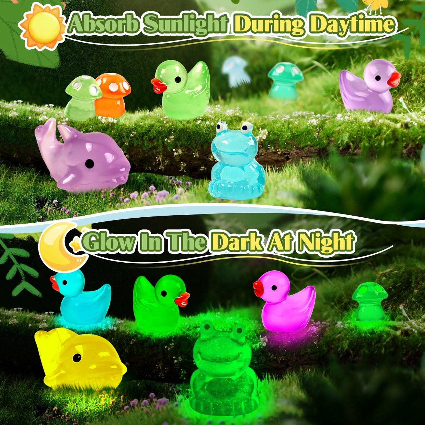 120 Pcs Luminous Mini Resin Ducks Glow in The Dark Animals Duck Frog Dolphin Mushroom 4 Combination Sets for Garden Miniature Fi