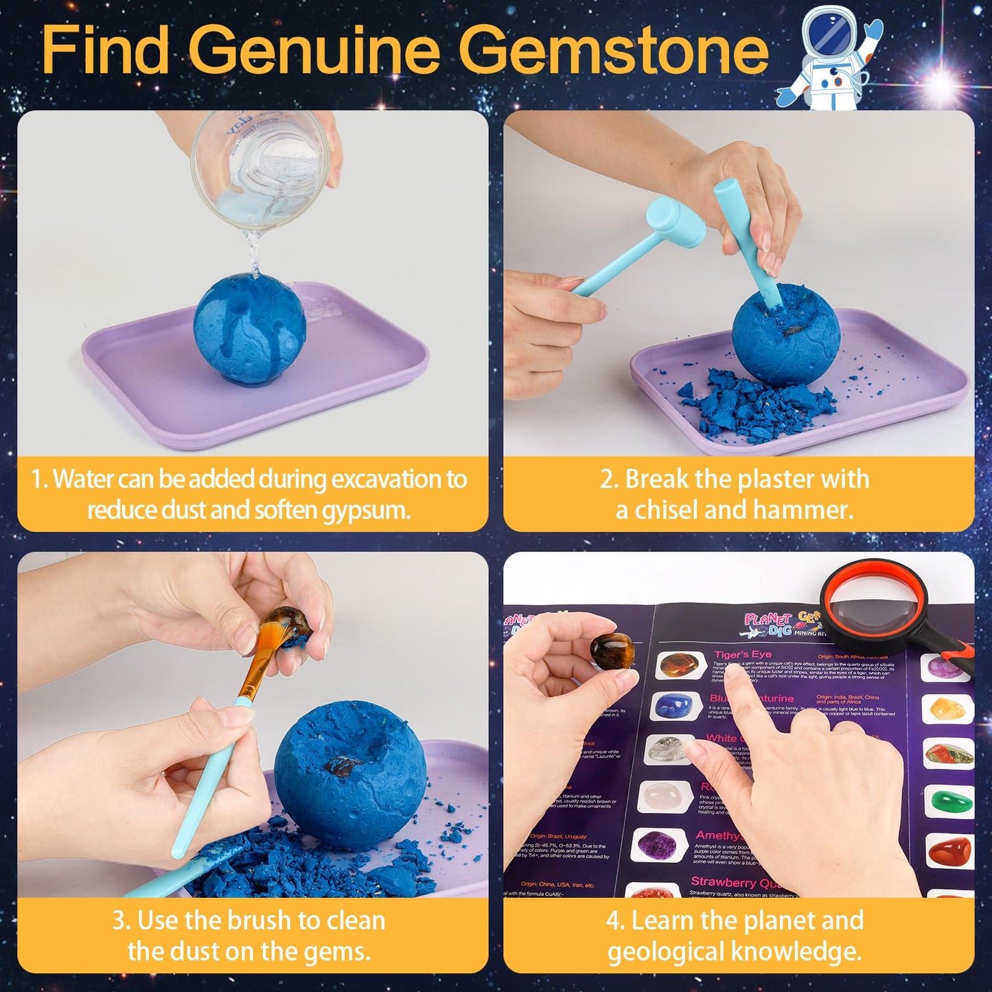 Qlkunla Gemstones Dig Kit, Excavate 24 Real Gems In Solar System Stem Educational Space Toys For Boys & Girls Archaeology Geolog