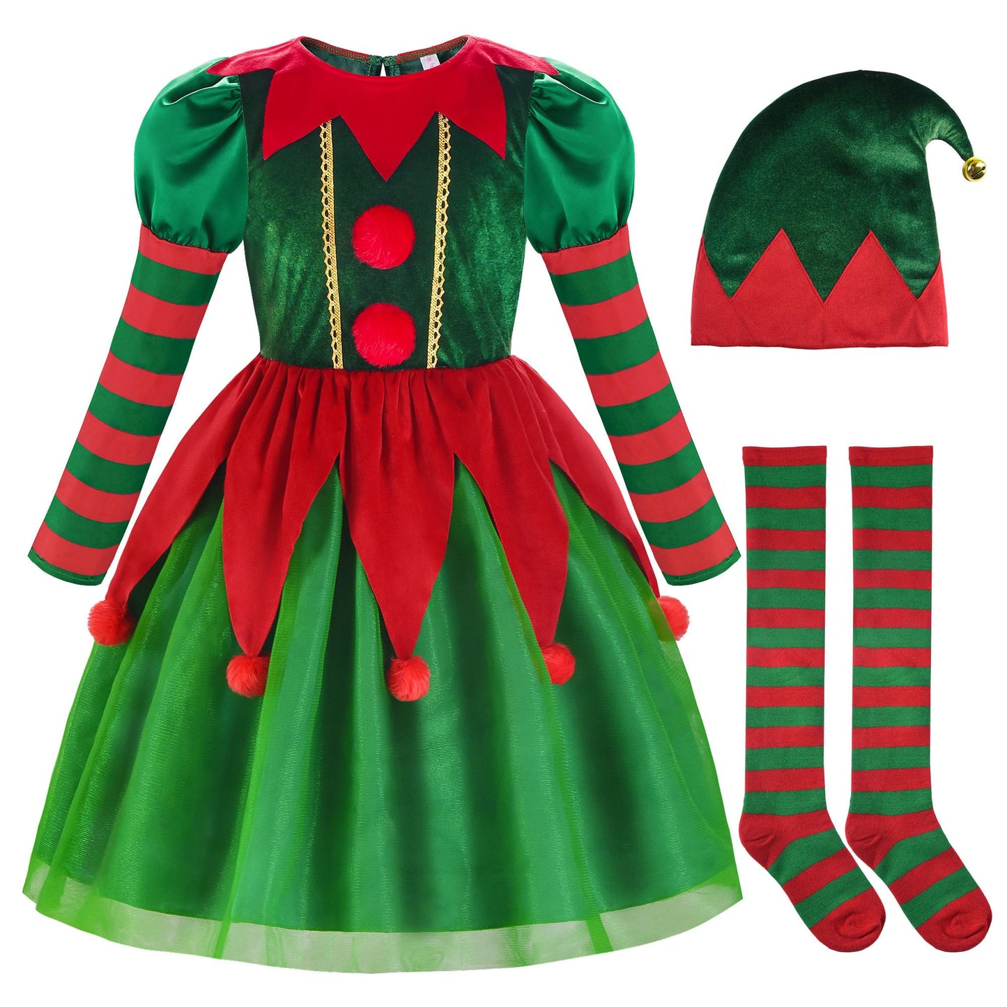 Relibeauty Elf Costume For Kids Santa Little Helper Kids Christmas Elf Dress Suit For Girls 4T-4/110