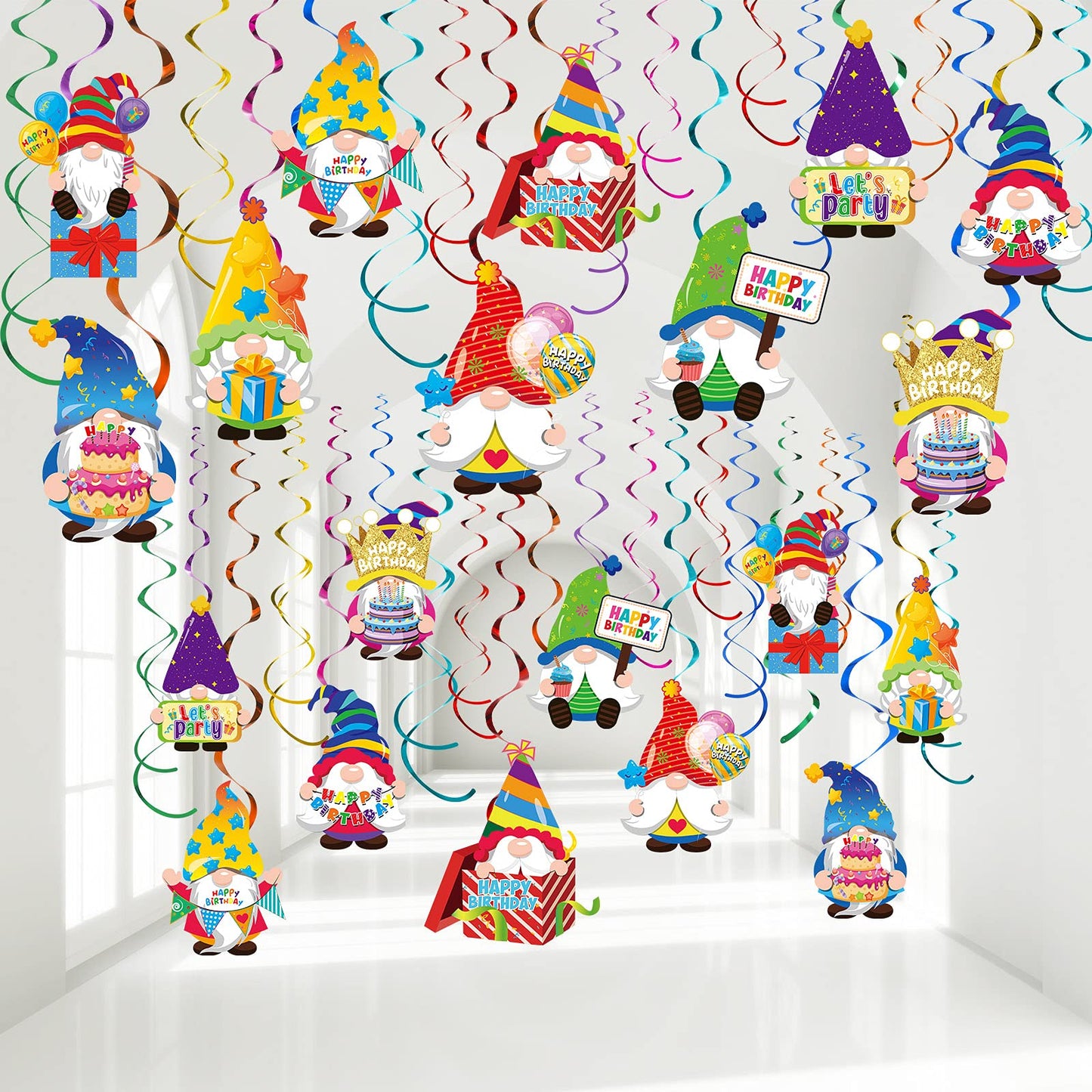Nezyo 30 Pieces Gnome Birthday Party Decorations Happy Birthday Swirls Decorations Gnomes Hanging Swirls Ceiling Streamers for P