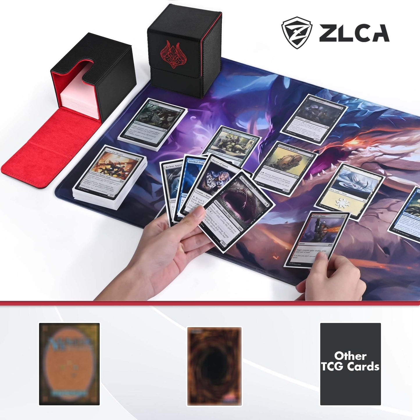 Zlca Card Deck Box For Mtg With 2 Dividers, Deck Storage Box Fits 100+ Single Sleeved, Pu Leather Tcg Case Holder For Magic Comm