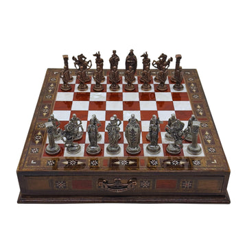15 Handmade Chess Set With British Army Metal Chess Pieces, Luxury Storage Chess Board, For All Ages, Ideal For Father, (Rose)
