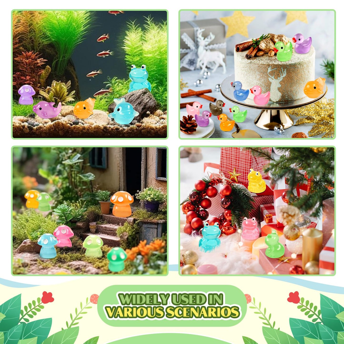 120 Pcs Luminous Mini Resin Ducks Glow in The Dark Animals Duck Frog Dolphin Mushroom 4 Combination Sets for Garden Miniature Fi