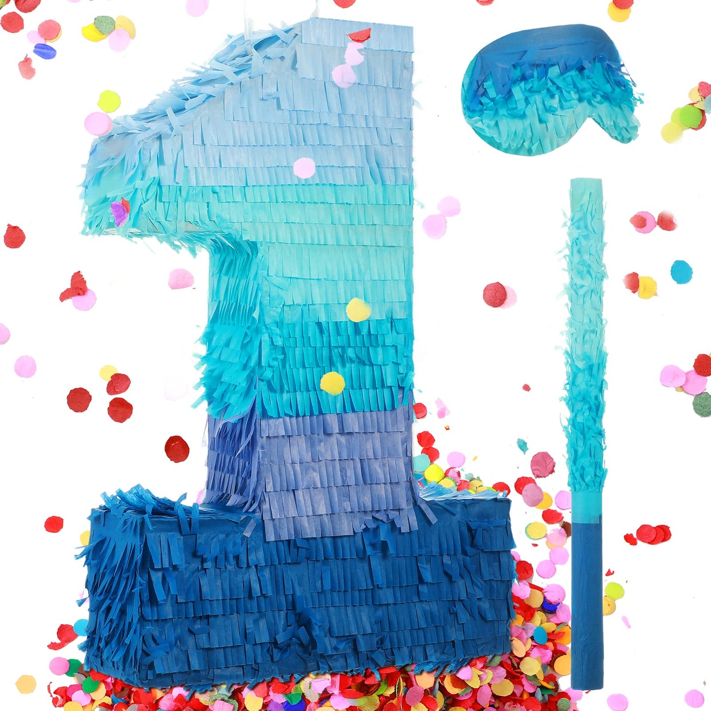 Number 1 2 3 4 5 6 7 8 9 Piñata With Stick Blindfold Confetti, Gradient Blue Piñata For Kids Birthday Party Large Blue Piñata For Boys Girls Birthday Anniversary Decoration Supplies(Number 1)