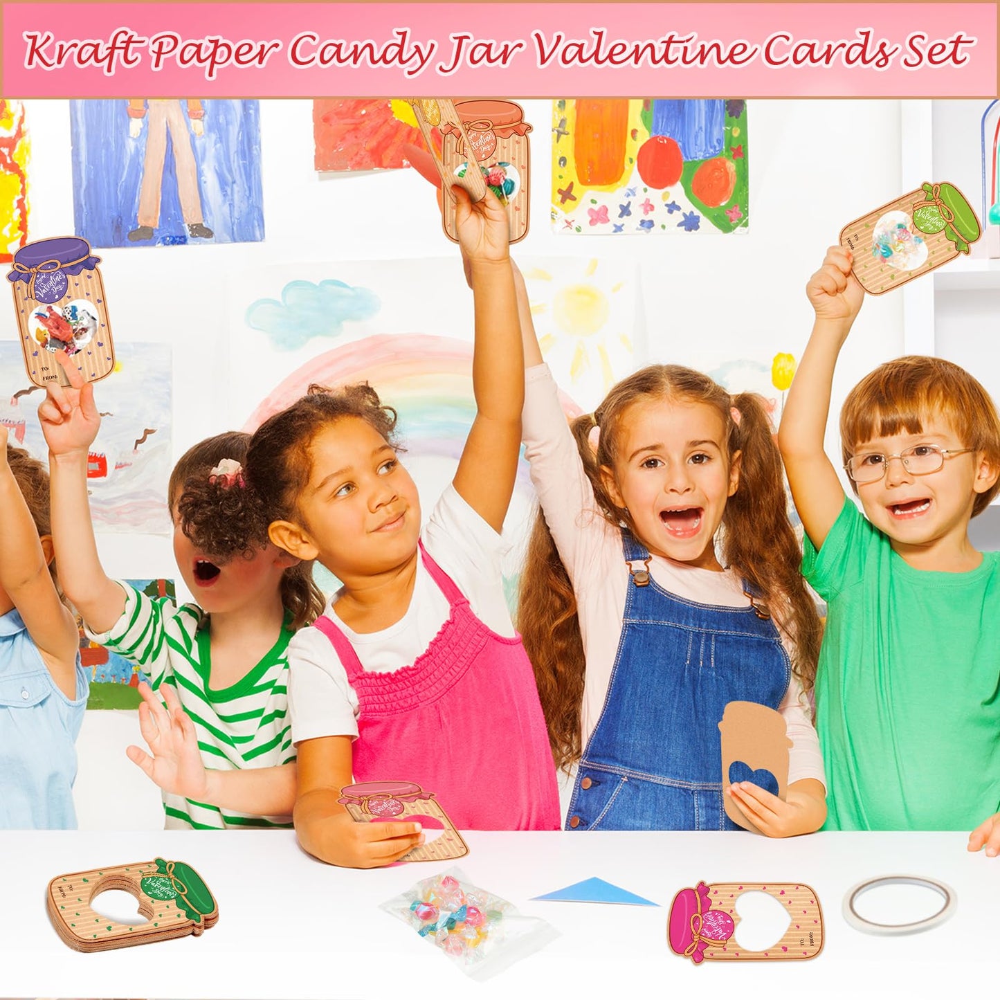 ReliThick 100 Set Valentines Day Candy Cards Candy Making Kit Kraft Paper Mason Jar Personalized Valentine Exchange Cards for Pr
