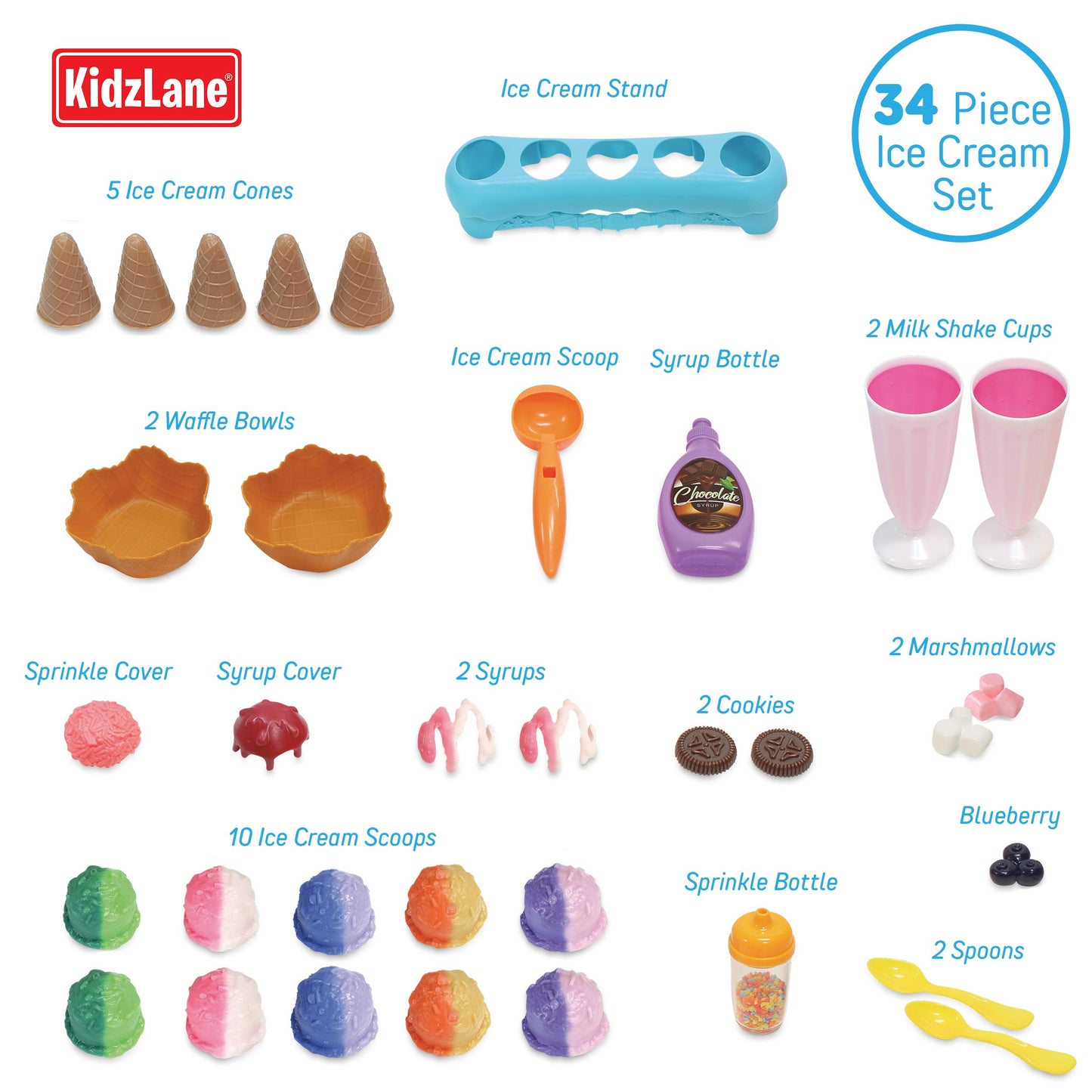 Kidzlane Ice Cream Play Set | 34 Piece Ice Cream Toy Set with Color Changing Scoops & Toppings | Pretend Play Food Toy for Kids