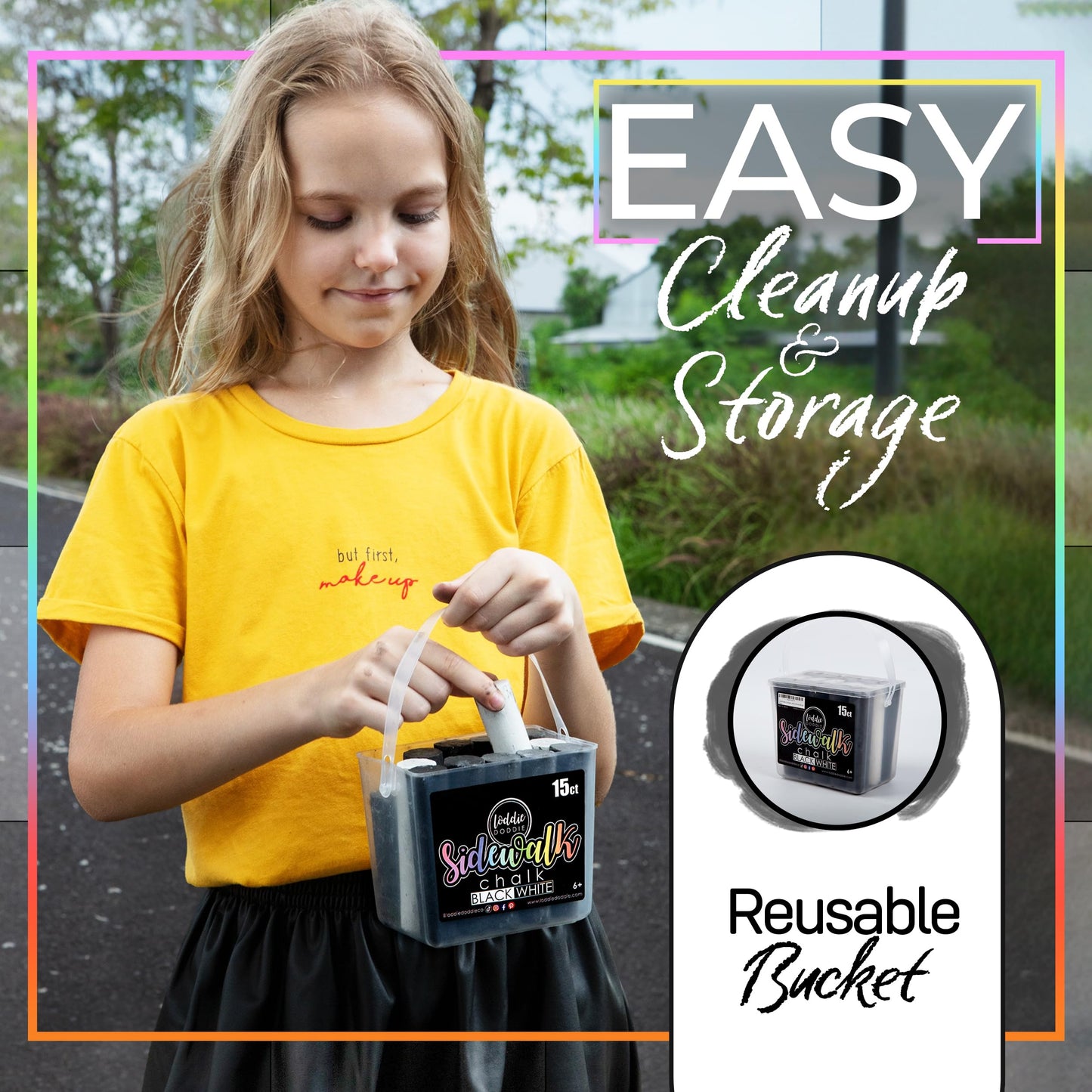 Loddie Doddie- 15Ct Bucket Of Sidewalk Chalk- Black And White- Long Lasting Non-Toxic Jumbo Sticks- Reusable Bucket For Hours Of