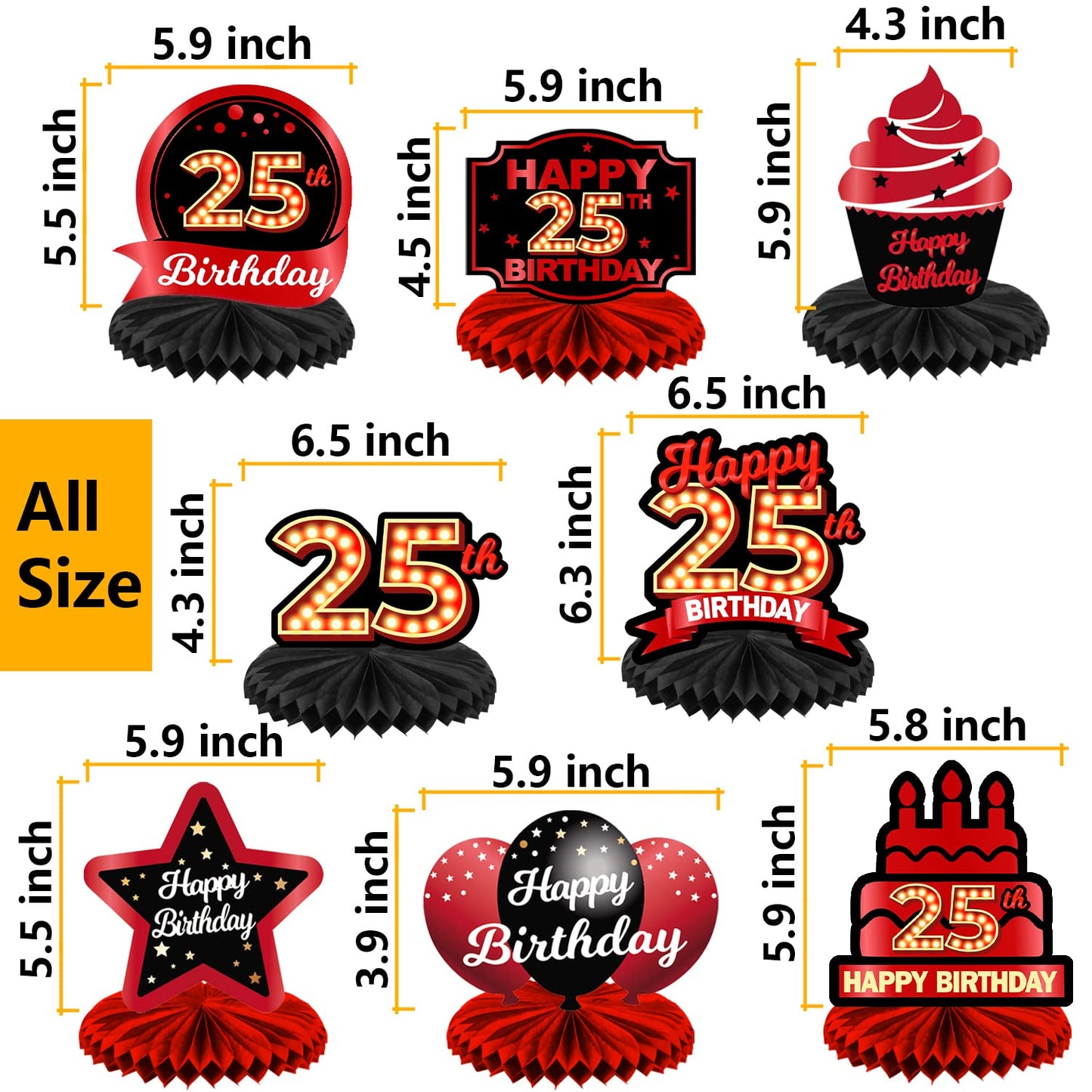 Happy 25Th Birthday Red And Black Table Honeycomb Centerpieces Balloons Theme Decor Table Decorations Table Toppers For Girls Women Princess 25 Years Old Birthday Party Bday Supplies Background Gold