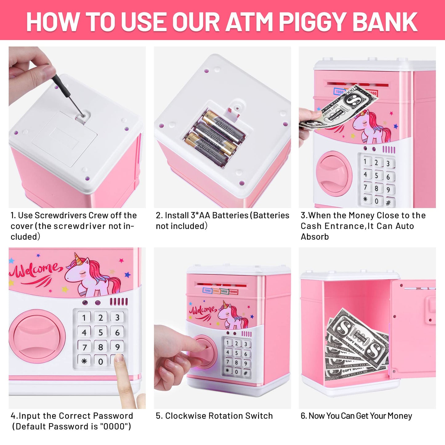 Gudoqi Password Piggy Bank, Digital Electronic Money Bank, Mini Atm Cash Coin Saving Can Toys, Birthday Gifts For Kids, Pink Unicorn