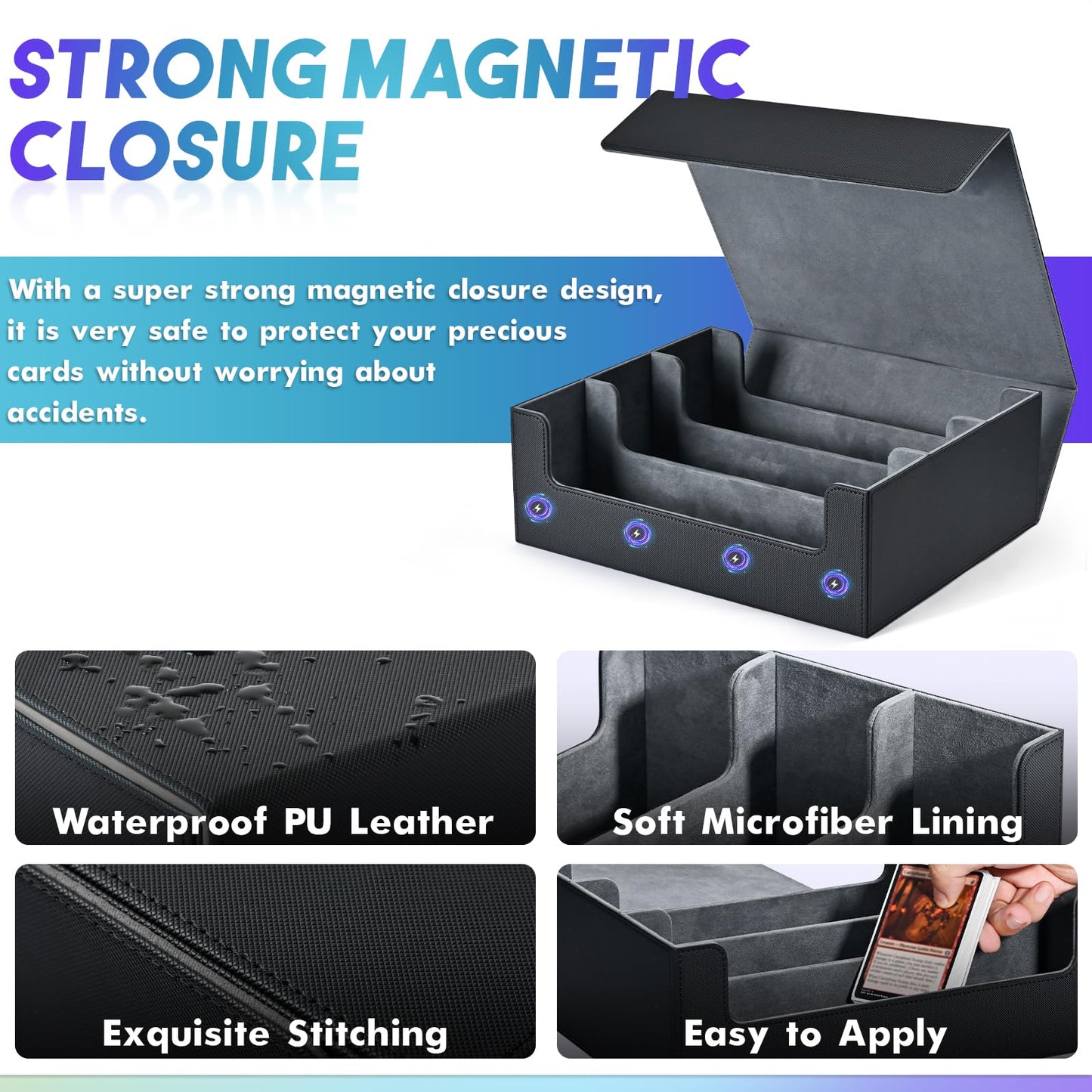 Uaono Card Storage Box For Trading Cards, 1800+ Pu Leather Commander Card Deck Case, Magnetic Closure Card Holder Fits For Magic Game Cards (Black)