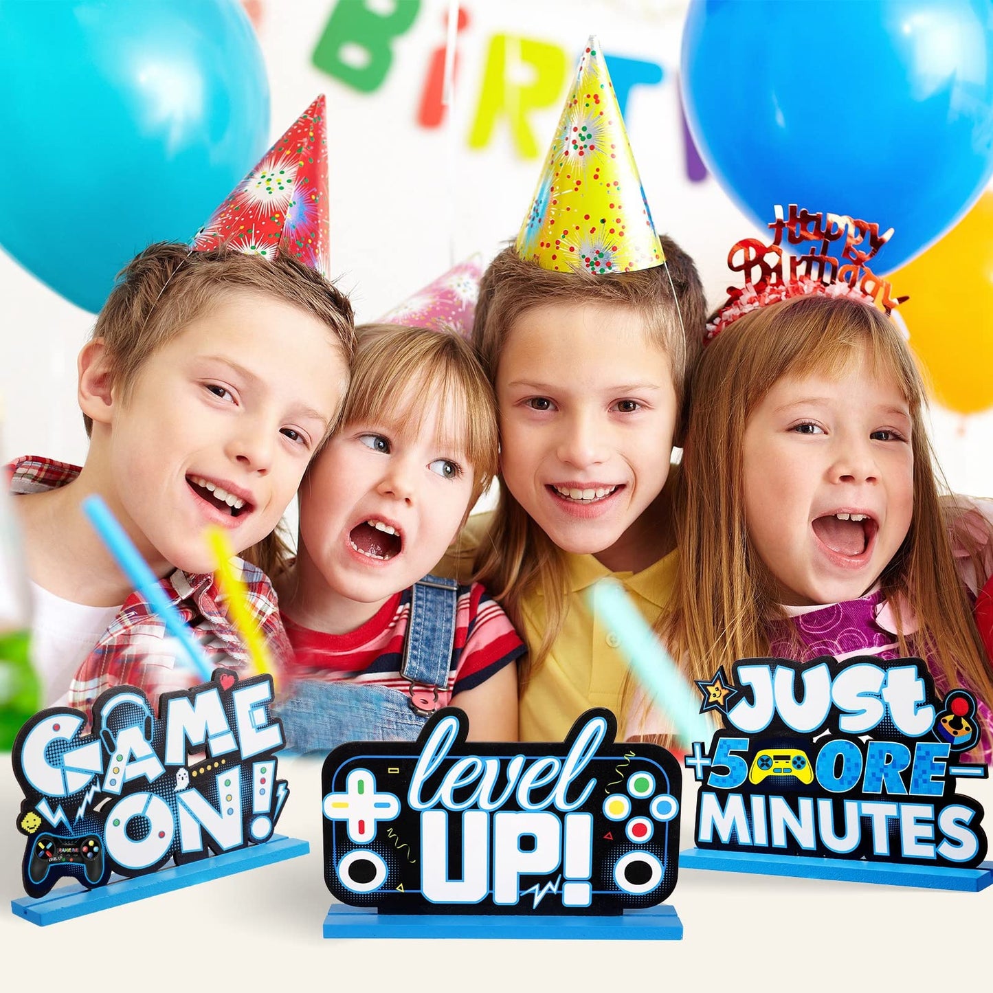 Frienda 3 Pcs Video Games Party Decorations Wood Table Level Up Birthday Decorations Gamer Party Centerpieces Pixelated Table Sign For Boys Kids Birthday Party(Blue)